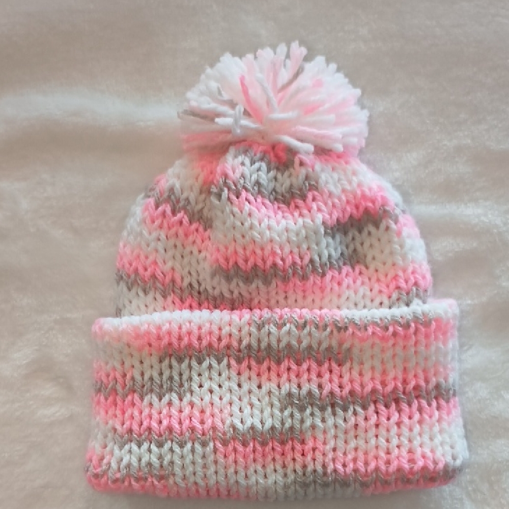 Pink, White and Gray Knit Pom-Pom Newborn Beanie